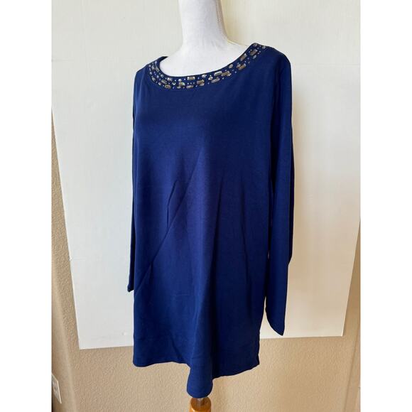 Susan Graver Knit Top Tunic Plus 2X Blue Embellished Pullover Artsy Crew Neck - Picture 2 of 7
